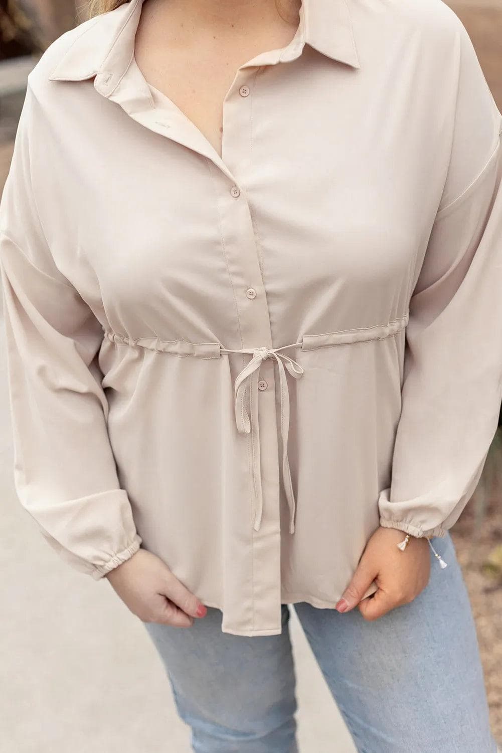 Plus Size/Plus Size Tops/Plus Size Blouses & Shirts Light French Beige Plus Size Puff Sleeve Tied Tunic Shirt