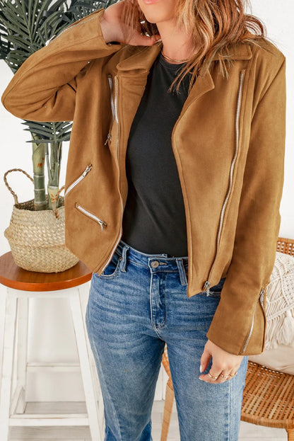 Brown Zipped Notch Collar Short Jacket - Chic Meadow Boutique 