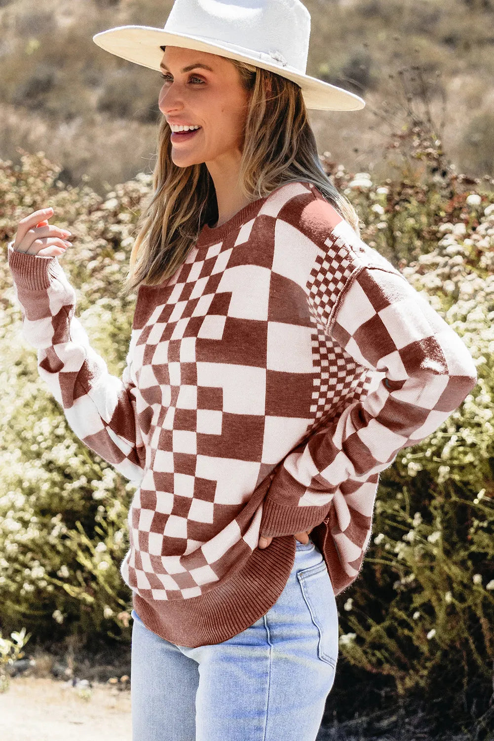 Brown Checkered Print Drop Shoulder Round Neck Sweater - Chic Meadow Boutique 