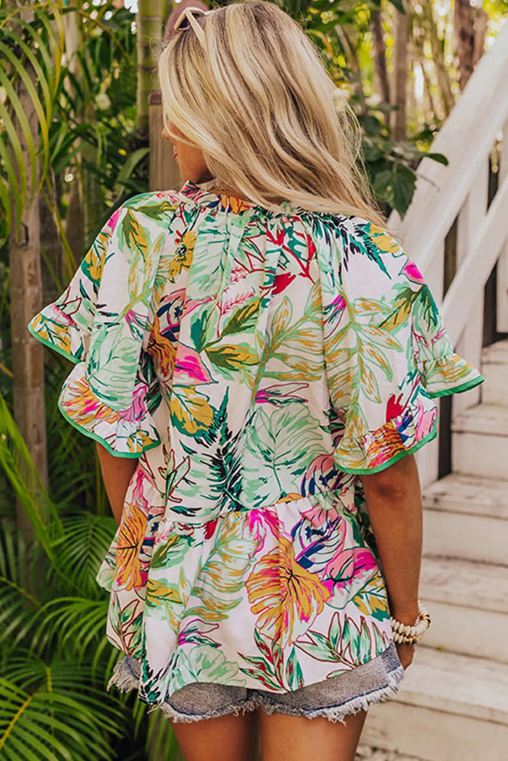 White Tropical Floral Print Ruffled Short Sleeve Blouse - Chic Meadow Boutique 