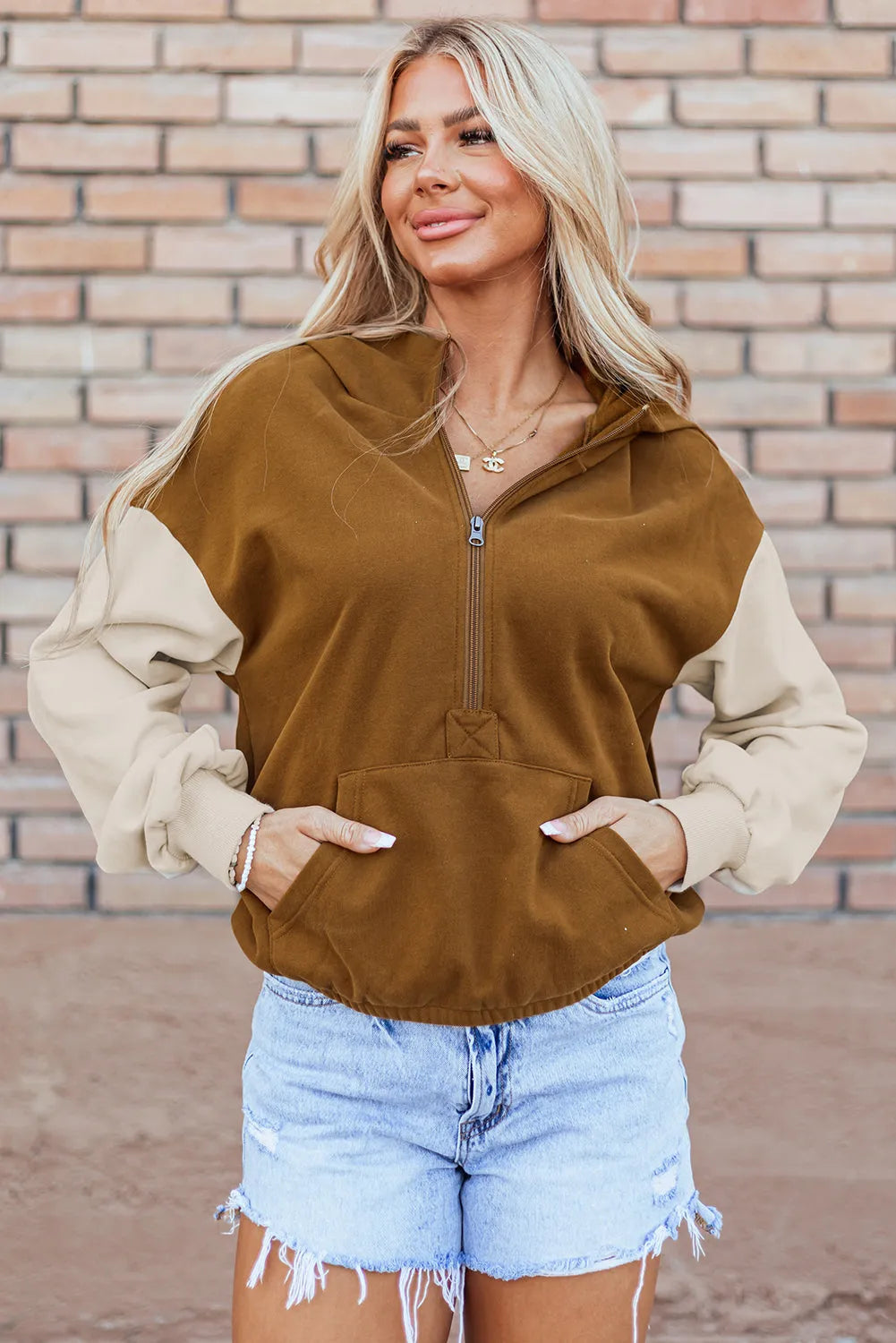 Chestnut Color Block Half Zip Kangaroo Pocketed Hoodie - Chic Meadow Boutique 