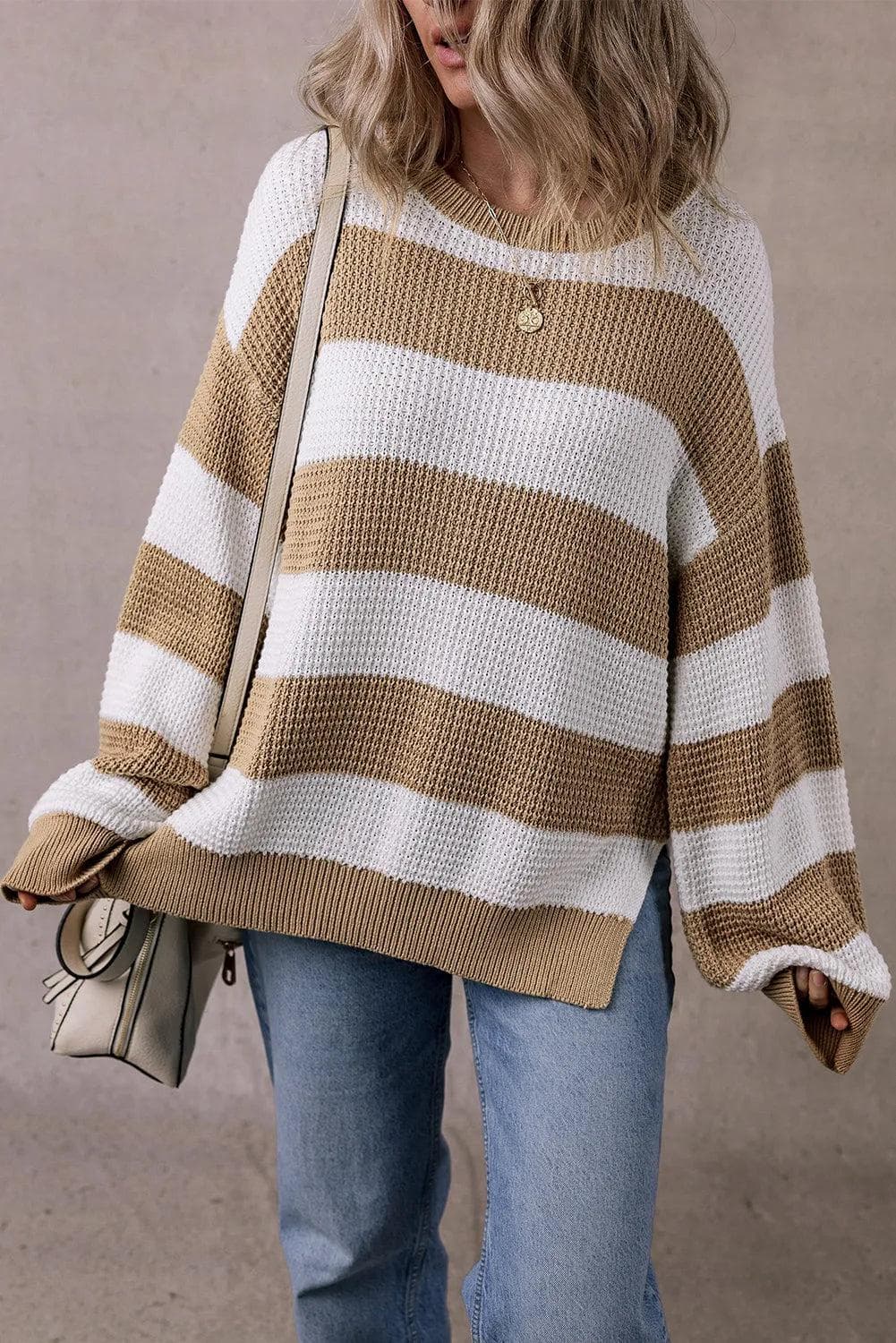 Sweaters & Cardigans/Sweaters Light French Beige Colorblock Striped Drop Shoulder Side Slit Sweater