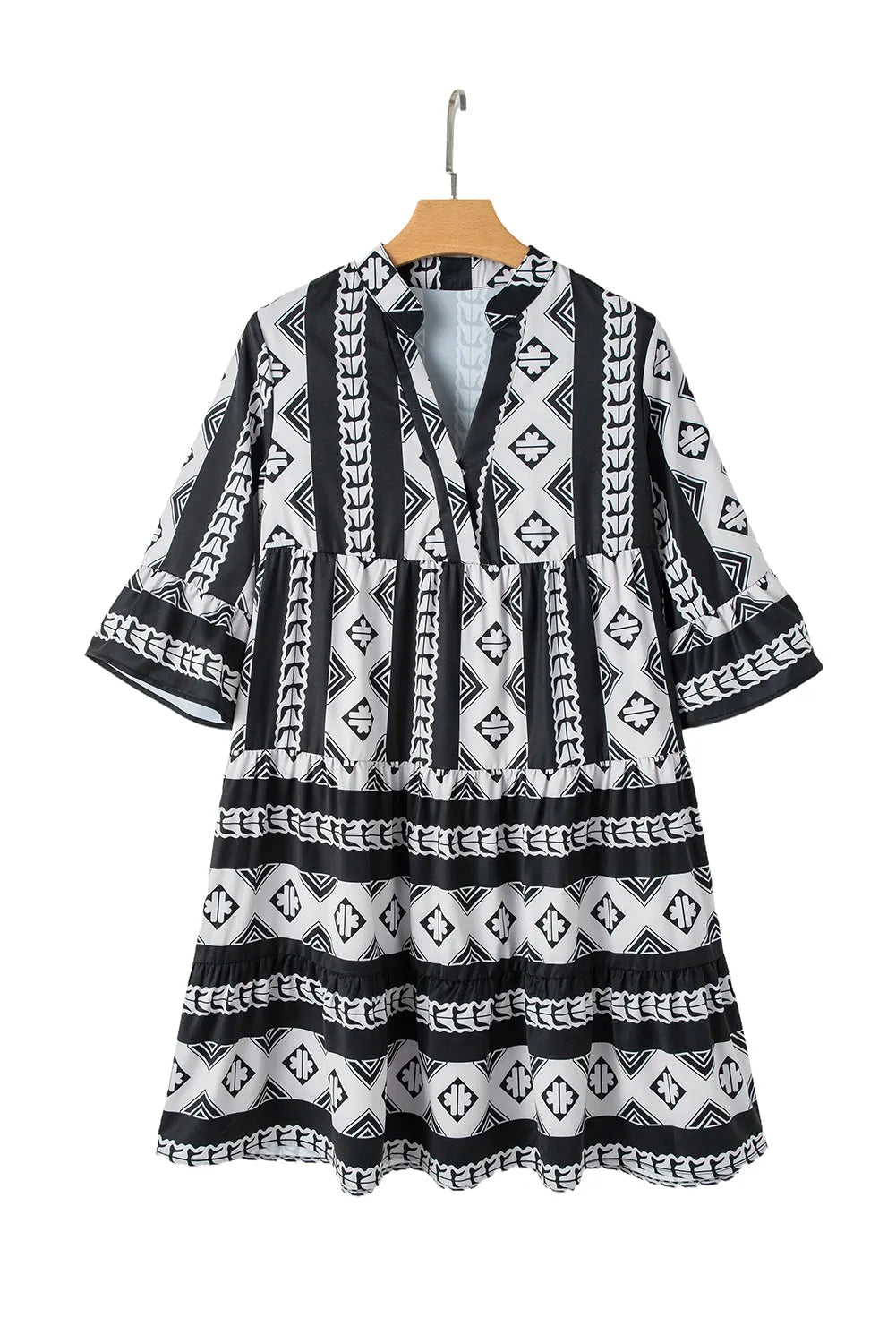 Black Geometric Print V Neck Ruffled Dress - Chic Meadow Boutique 