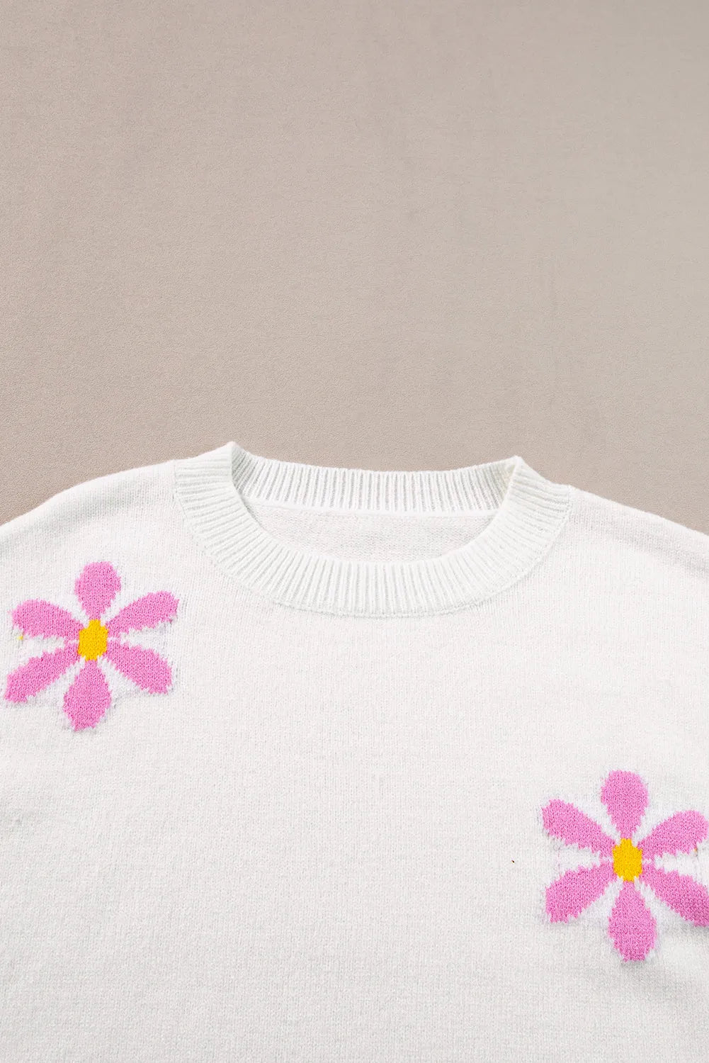 White Flower Pattern Ribbed Edge Elegant Sweater - Chic Meadow Boutique 