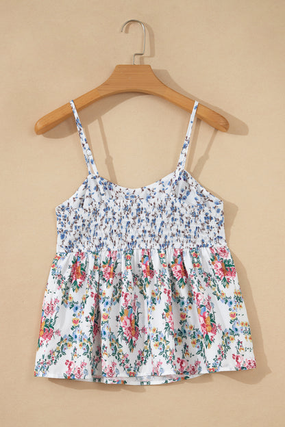 White Contrast Floral Printed Patchwork Spaghetti Straps Babydoll Top