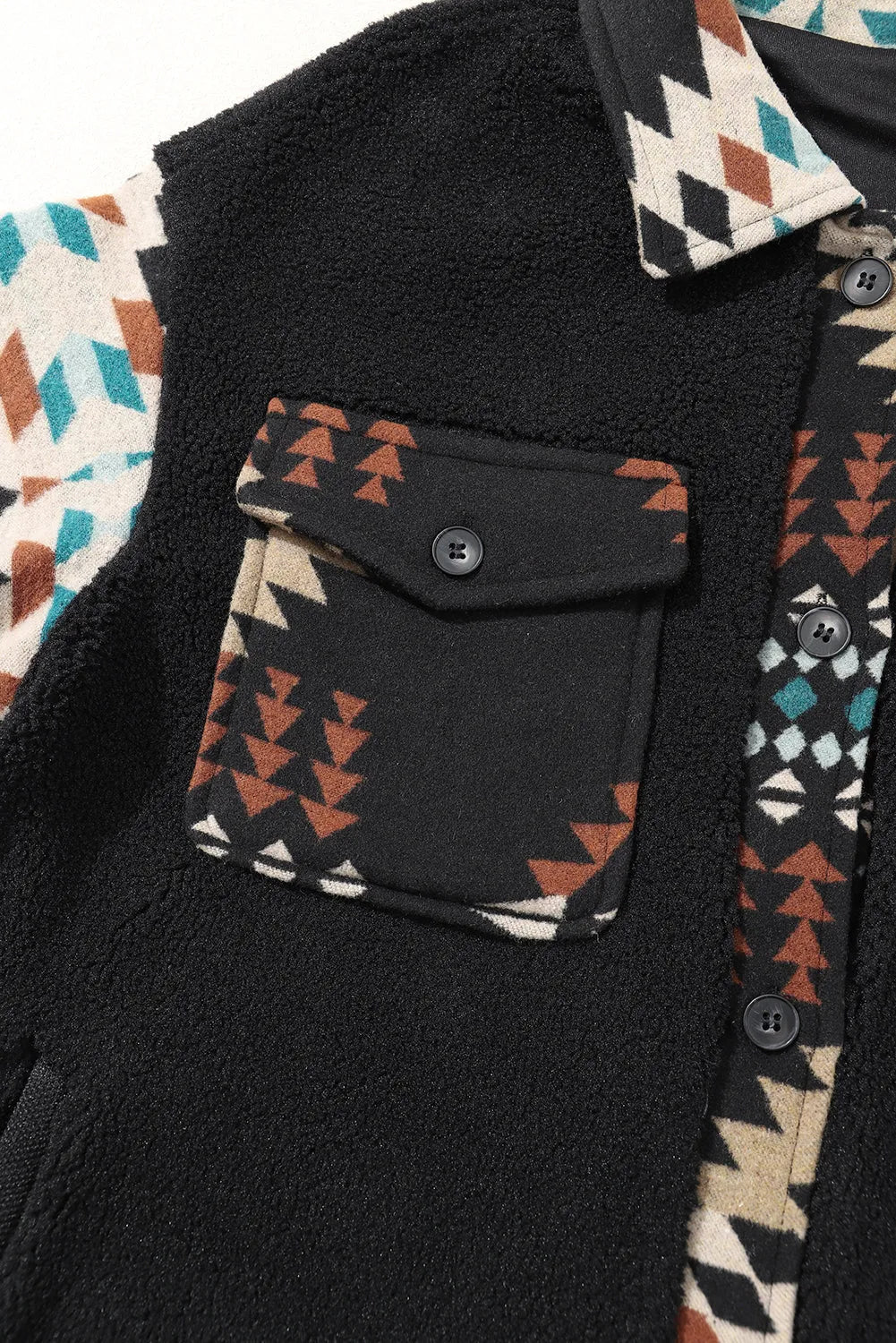 Black Western Aztec Print Accent Fleece Shacket - Chic Meadow Boutique 