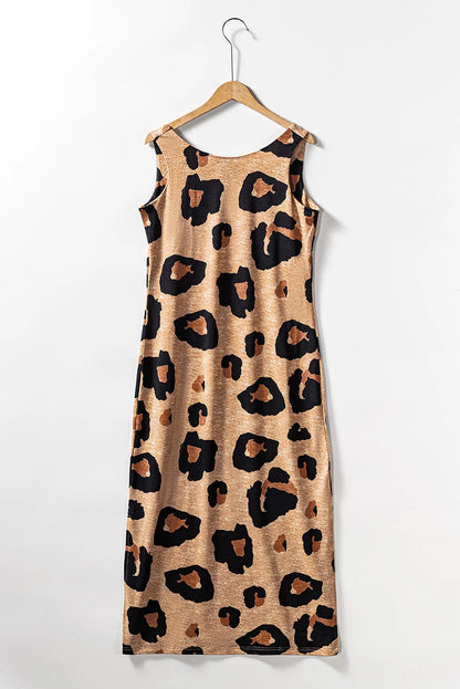 Leopard Split Open Back Sleeveless Maxi Dress - Chic Meadow Boutique 