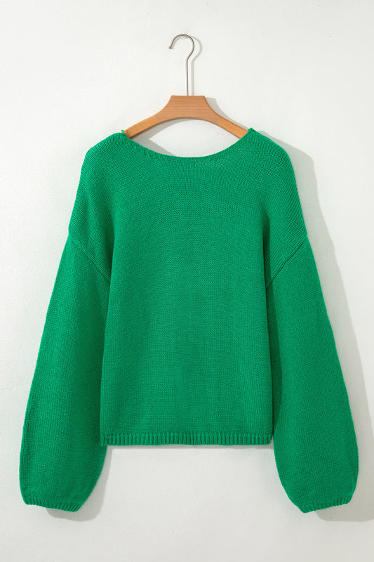 Bright Green Festive Bow Backless Bubble Sleeve Sweater
