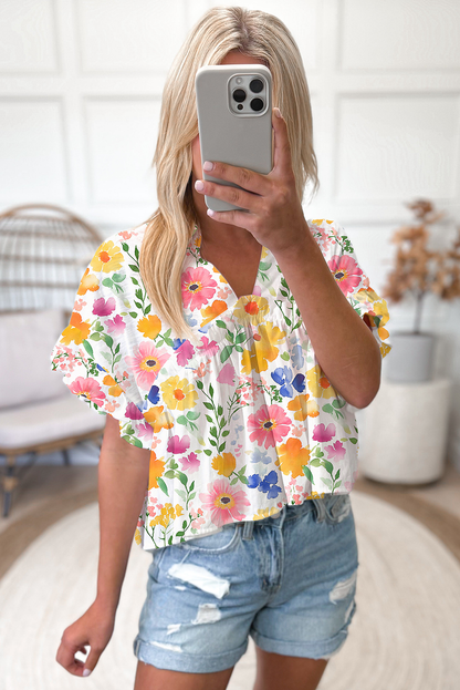 Yellow Floral Boxy Fit Ruffled Short Sleeve V Neck Blouse