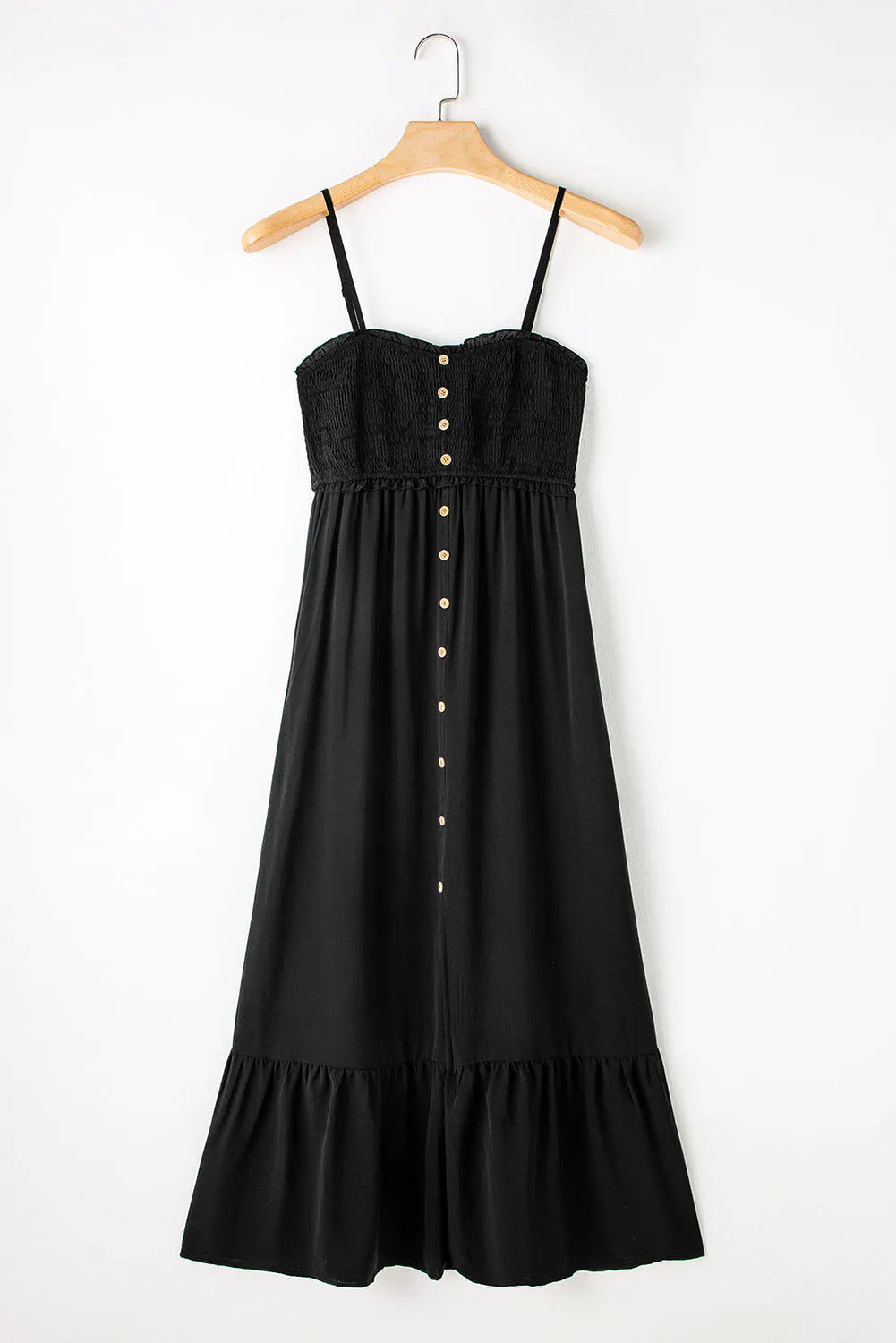 Black Spaghetti Straps Smocked Front Slit Buttoned Dress - Chic Meadow Boutique 