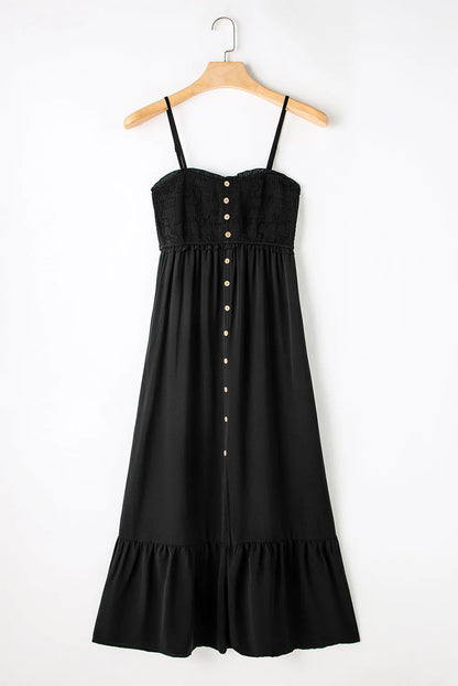 Black Spaghetti Straps Smocked Front Slit Buttoned Dress - Chic Meadow Boutique 