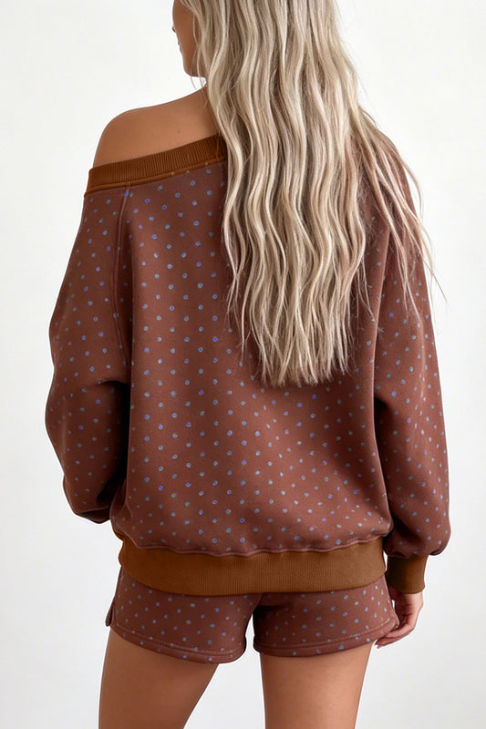Brown Polka Dot Relaxed Long Sleeve Top Drawstring Shorts 2pcs Sets