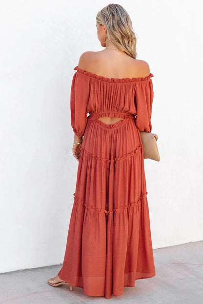 Dresses/Maxi Dresses Orange Off Shoulder Balloon Sleeve Cutout Ruffled Maxi Dress