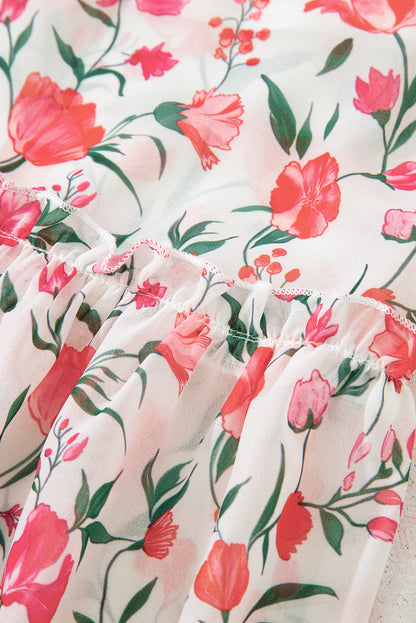 Pink Floral Puff Sleeve Square Neck Empire Waist Tiered Maxi Dress