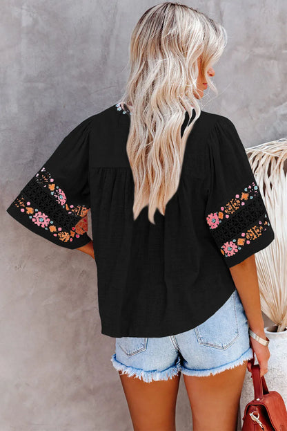 Black Tassel Drawstring Embroidered Half Sleeve V Neck Top - Chic Meadow Boutique 