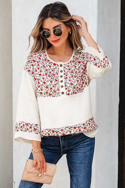 Red Floral Print Gauze Patchwork Henley Button 3/4 Sleeve Blouse