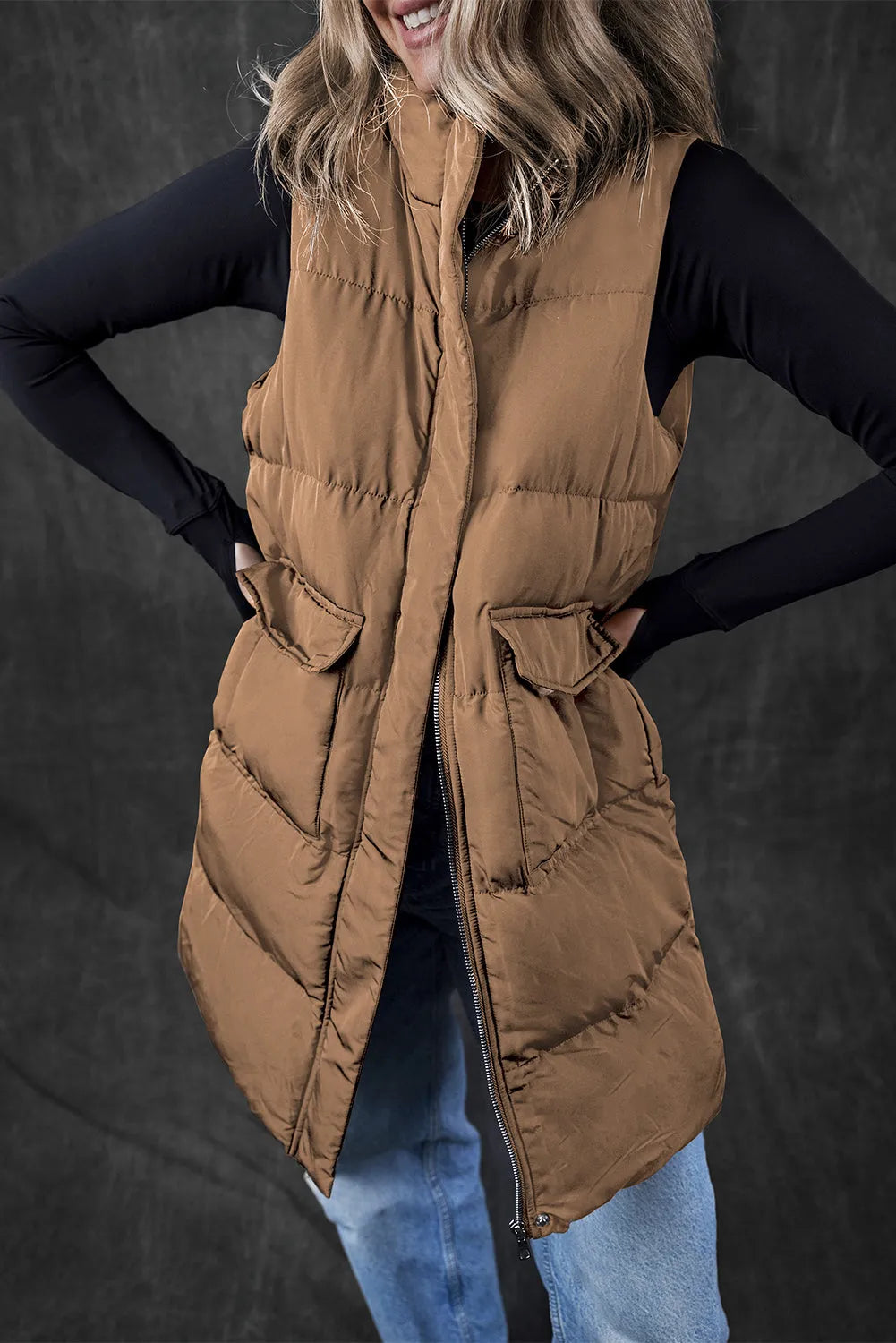 Coffee Windproof Longline Full Zipper Puffer Vest with Pockets - Chic Meadow Boutique 