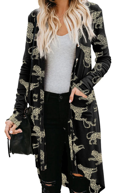 Black Printed Animal Print Ribbed Knit Cardigan - Chic Meadow Boutique 