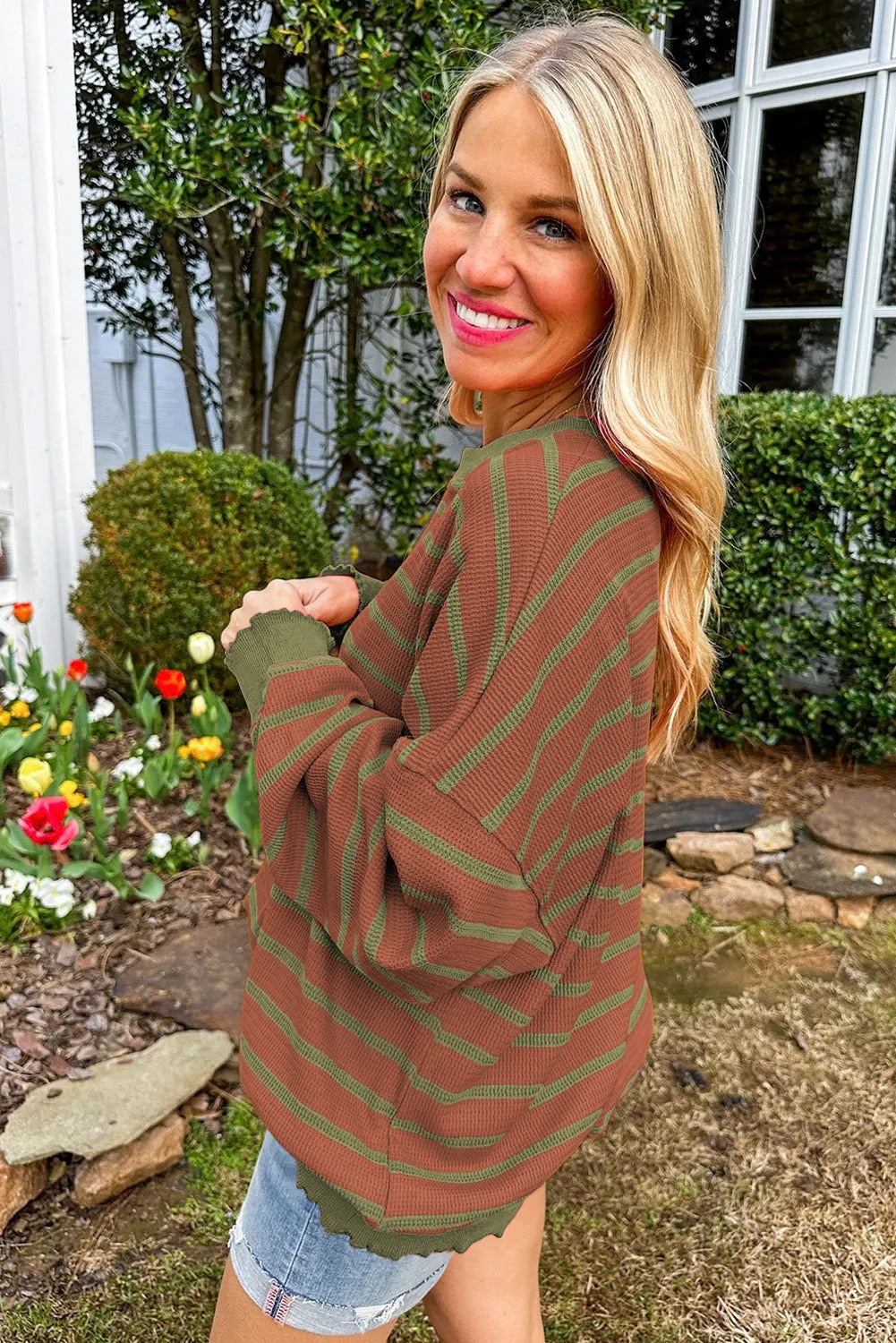 Brown Stripe Trimmed Round Neck Drop Shoulder Loose Sweater - Chic Meadow Boutique 