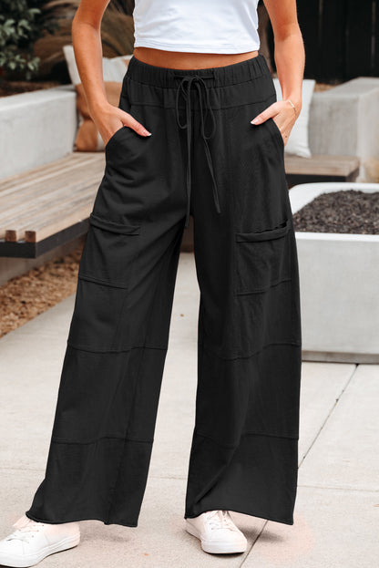 Black Mineral Wash Exposed Seam Drawstring High Waist Wide Leg Cargo Pants