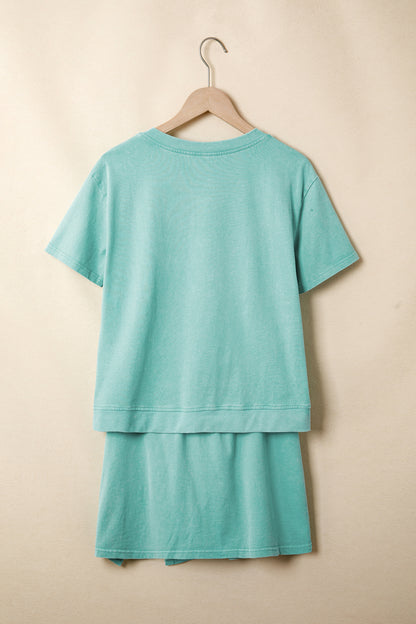 Mint Green Mineral Wash V Neck Tee Matching Skort Set