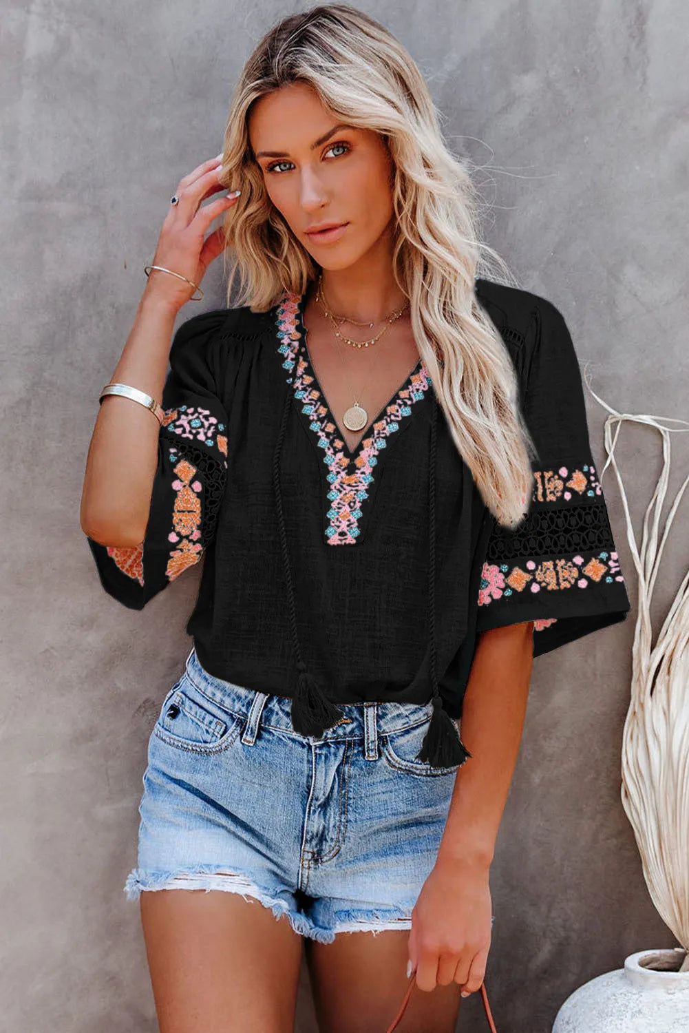 Black Tassel Drawstring Embroidered Half Sleeve V Neck Top - Chic Meadow Boutique 