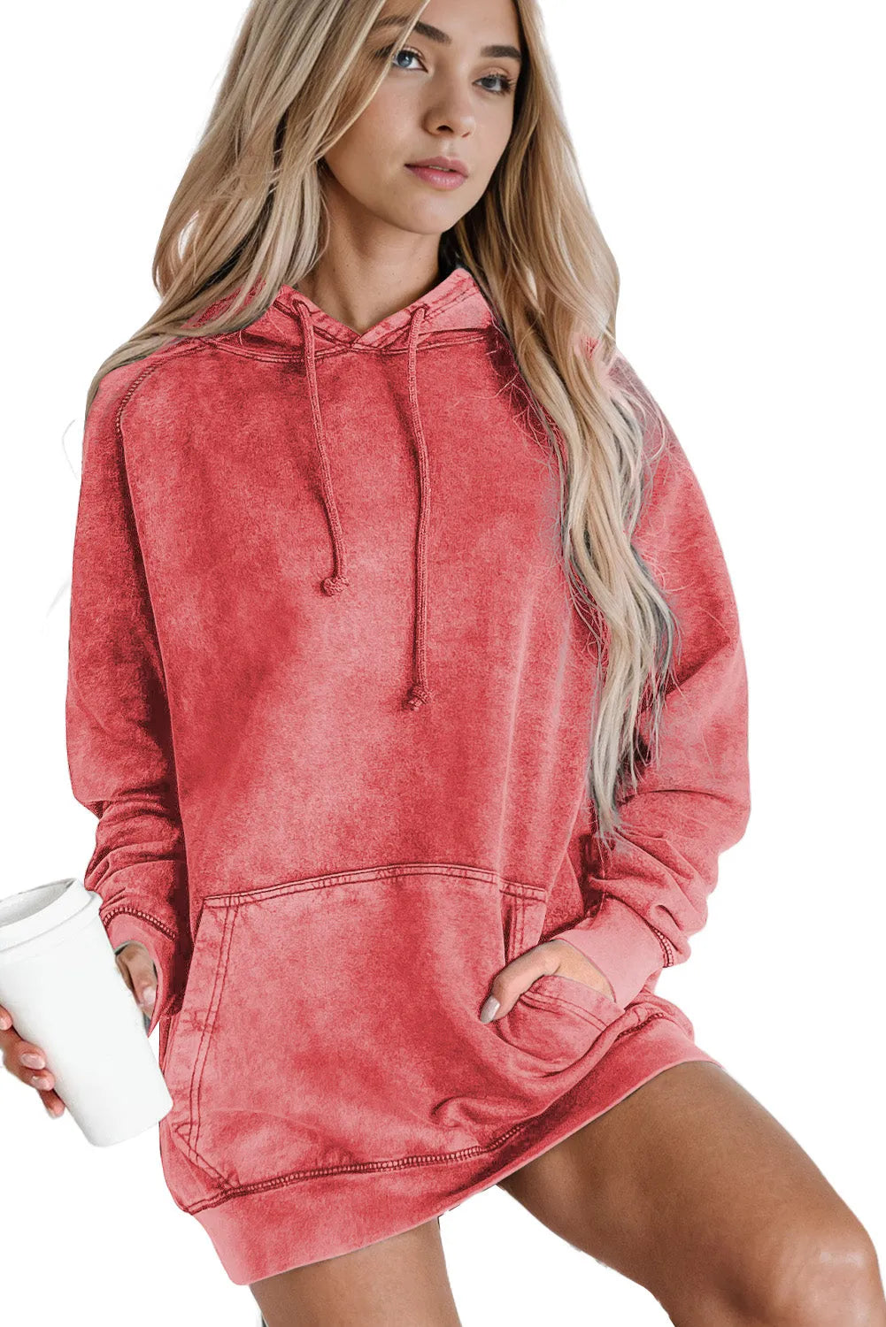 Mineral Wash Kangaroo Pocket Drawstring Pullover Hoodie - Chic Meadow Boutique 