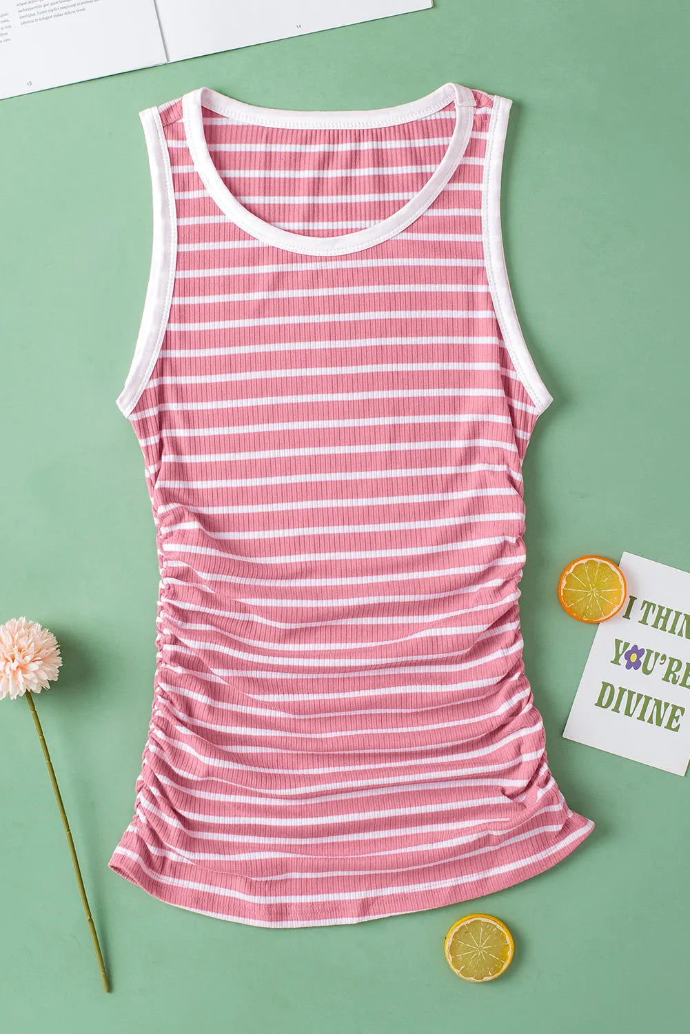 Pink Stripe Contrast Round Neck Sleeveless Slim Top - Chic Meadow Boutique 