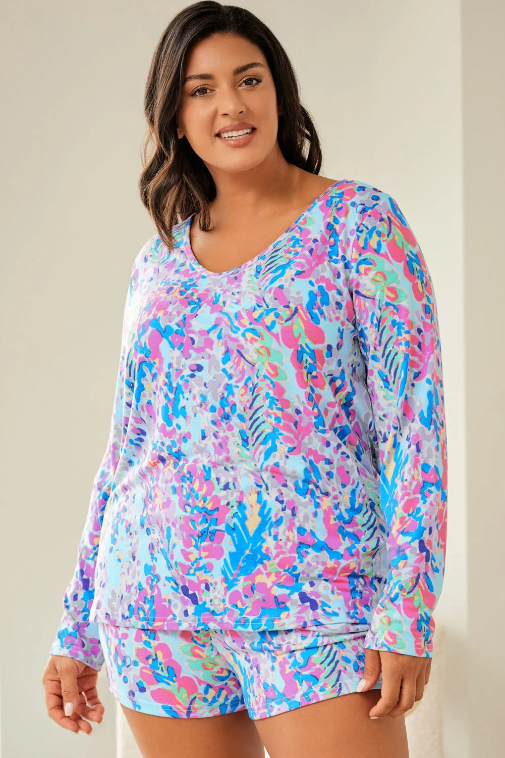 Sky Blue Plus Size Floral Print Long Sleeve and Shorts Lounge Outfit - Chic Meadow Boutique 