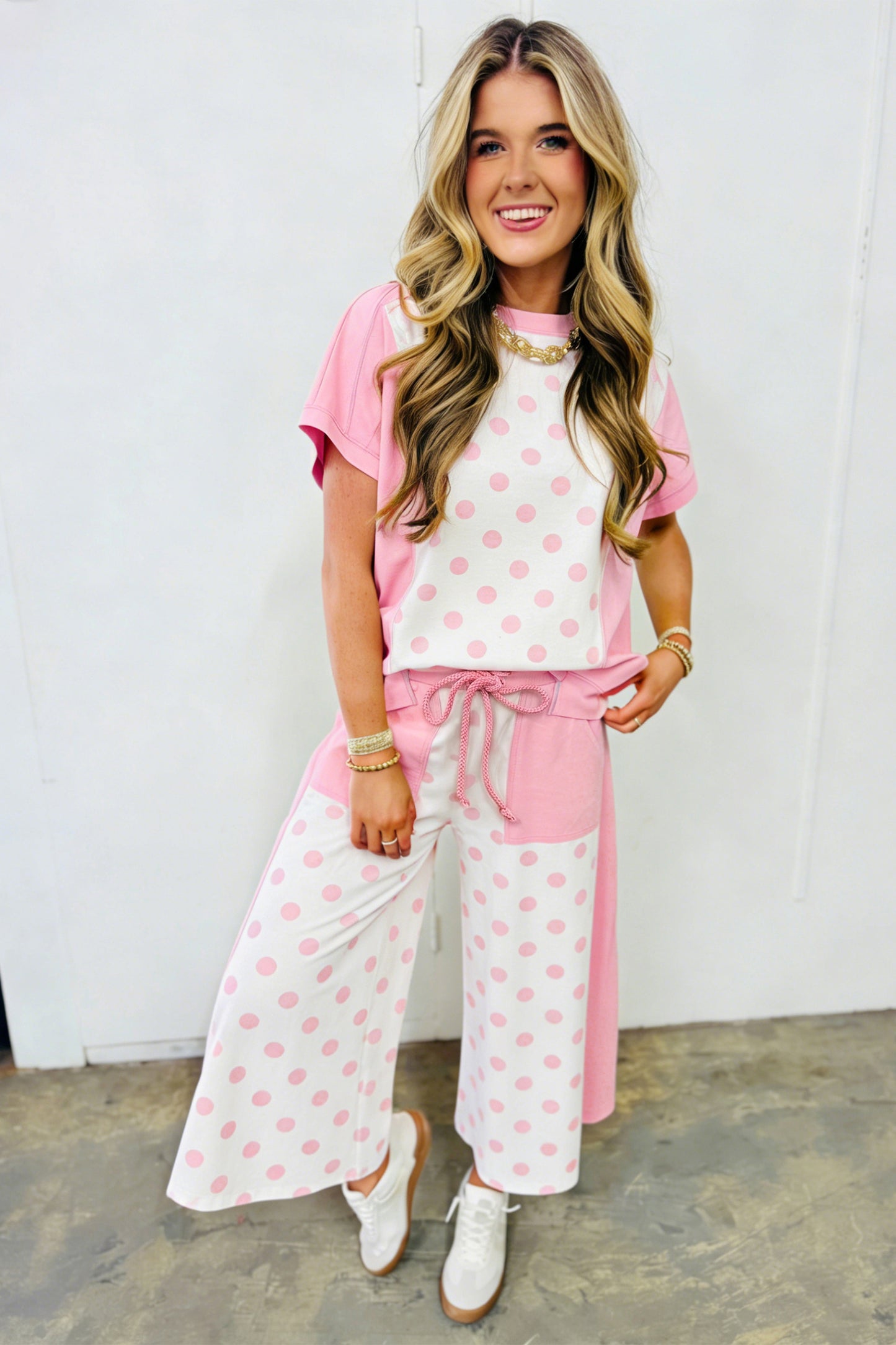 Pink Color Block Patchwork Polka Dot Wide Leg Pant Set