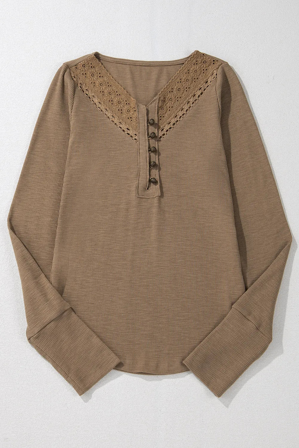 Chestnut Anglaise Broider Ribbed Long Sleeve Top - Chic Meadow Boutique 