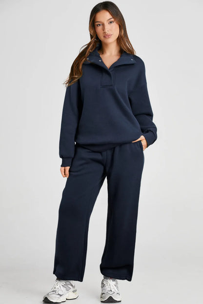 Navy Blue Solid Color Collared Sweatshirt and High Waist Pants Set - Chic Meadow Boutique 