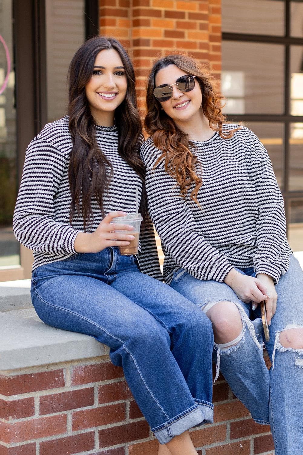 Tops/Long Sleeve Tops Black Stripe Round Neck Drop Shoulder Long Sleeve Top