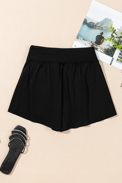 Black Solid Color High Waist Wide Leg Swim Bottom