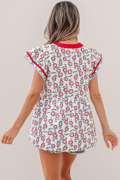 Red Sunflower Printed Contrast Trim V Neck Flutter Sleeve Blouse