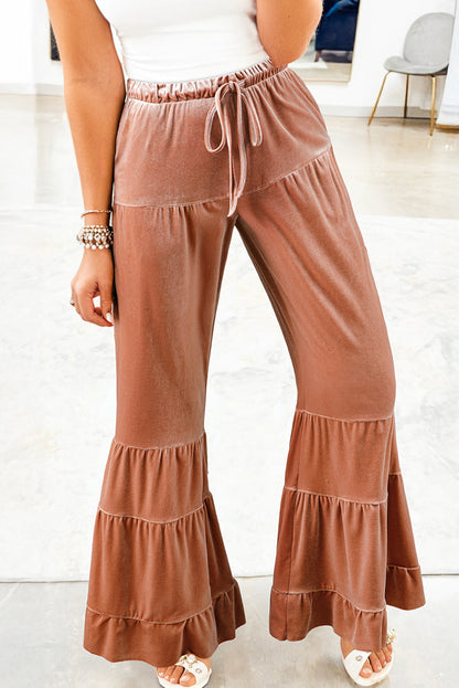 Straw Yellow Mineral Wash Lace-up High Waist Tiered Bell Bottom Pants