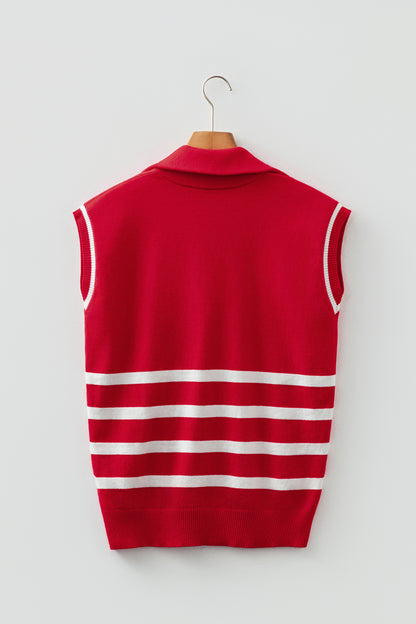 Fiery Red Quarter Zip Striped Detail Short Sleeve Sweater