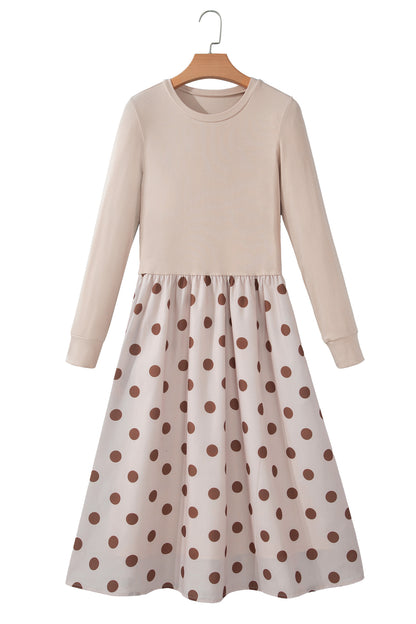 Beige Polka Dot Midi Long Sleeve Dress