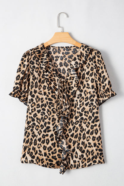 Khaki Leopard Ruffled Neck Cascading Puff Short Sleeve Top