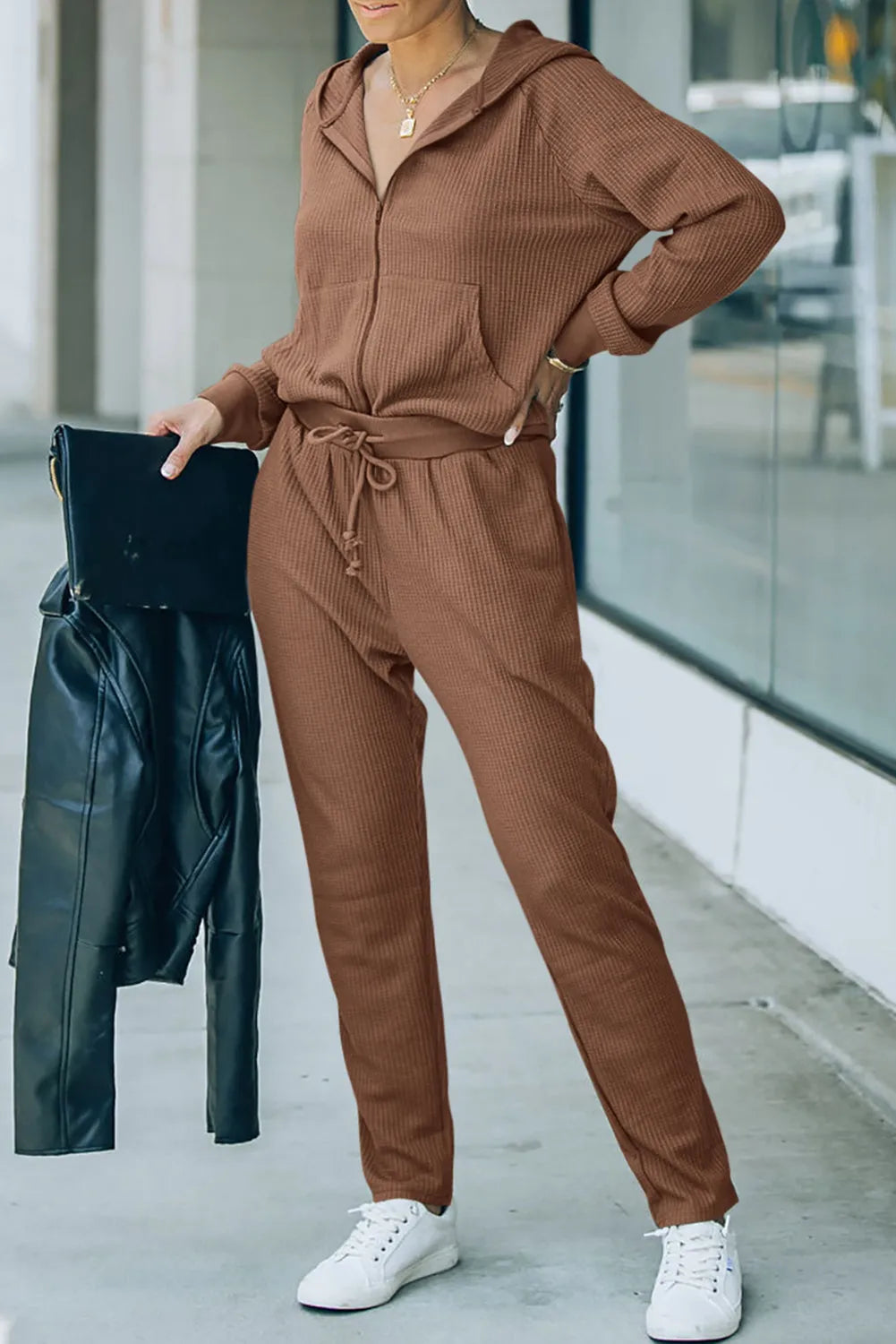 Brown Waffle Knit Zip-Up Hoodie and Pants Athleisure Outfit - Chic Meadow Boutique 