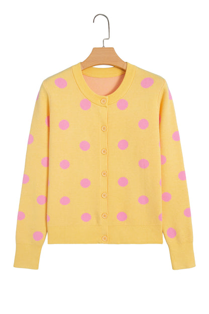Yellow Cream Casual Polka Dot Button Front Long Sleeve Sweater Cardigan