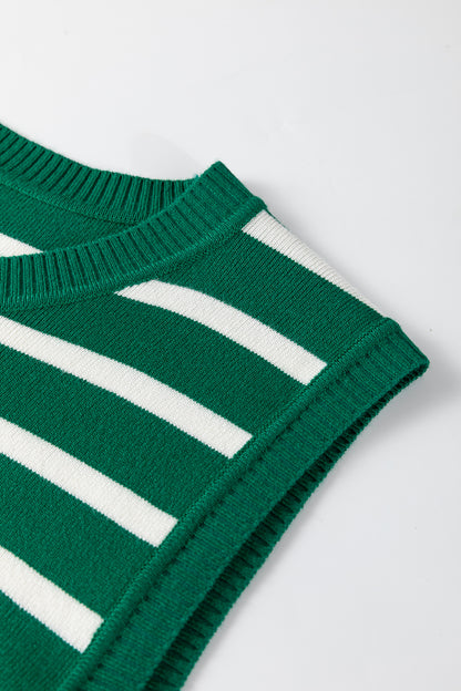 Green Stripe Crew Neck Sleeveless Sweater Vest