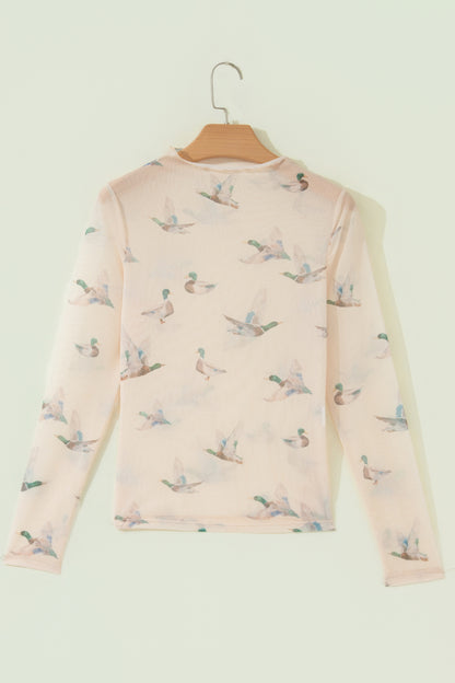 Beige Western Print Mesh High Neck Long Sleeve Sheath Top