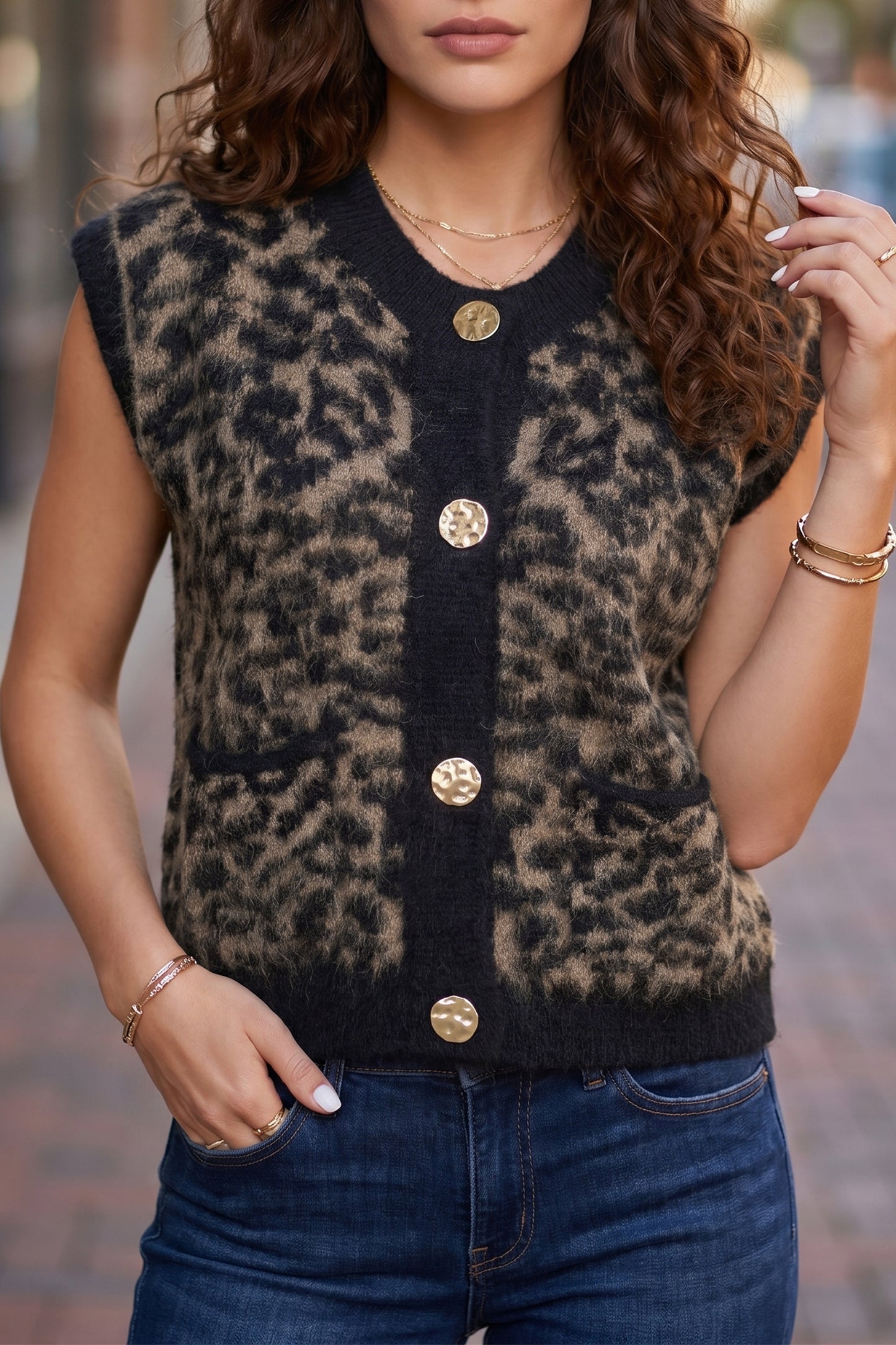 Black Leopard Print Knit Sleeveless Regular Wash Sweater Vest