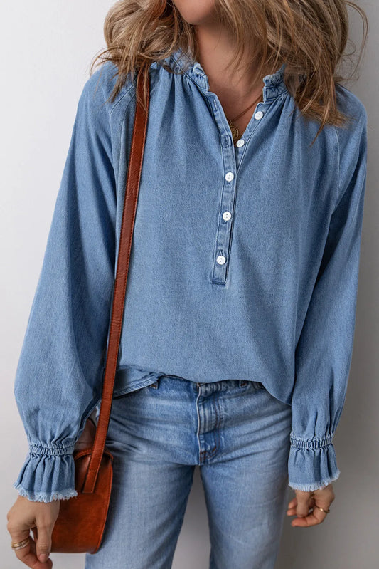 Sky Blue Frilled Raw Hem Half Buttoned Denim Top - Chic Meadow Boutique 