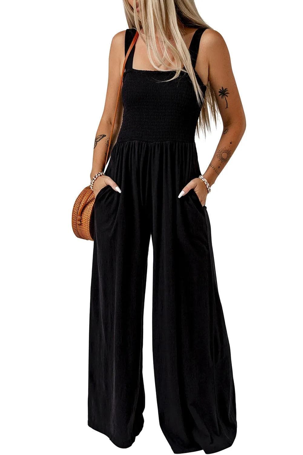 Bottoms/Jumpsuits & Rompers Black Smocked Sleeveless Wide Leg Jumpsuit with Pockets