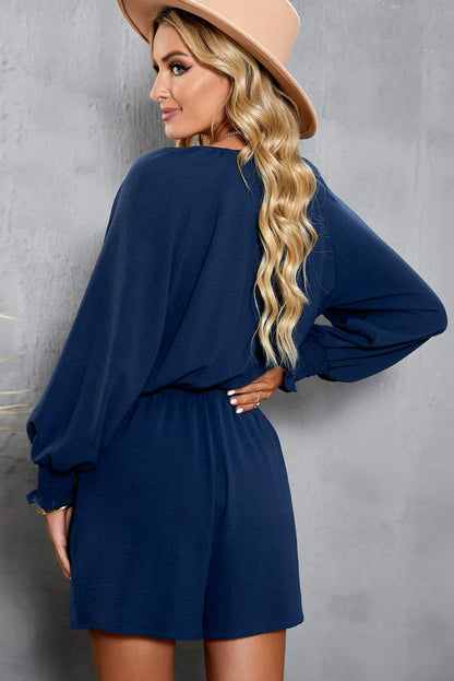 Navy Tie Knot Puff Long Sleeve Romper - Chic Meadow Boutique 