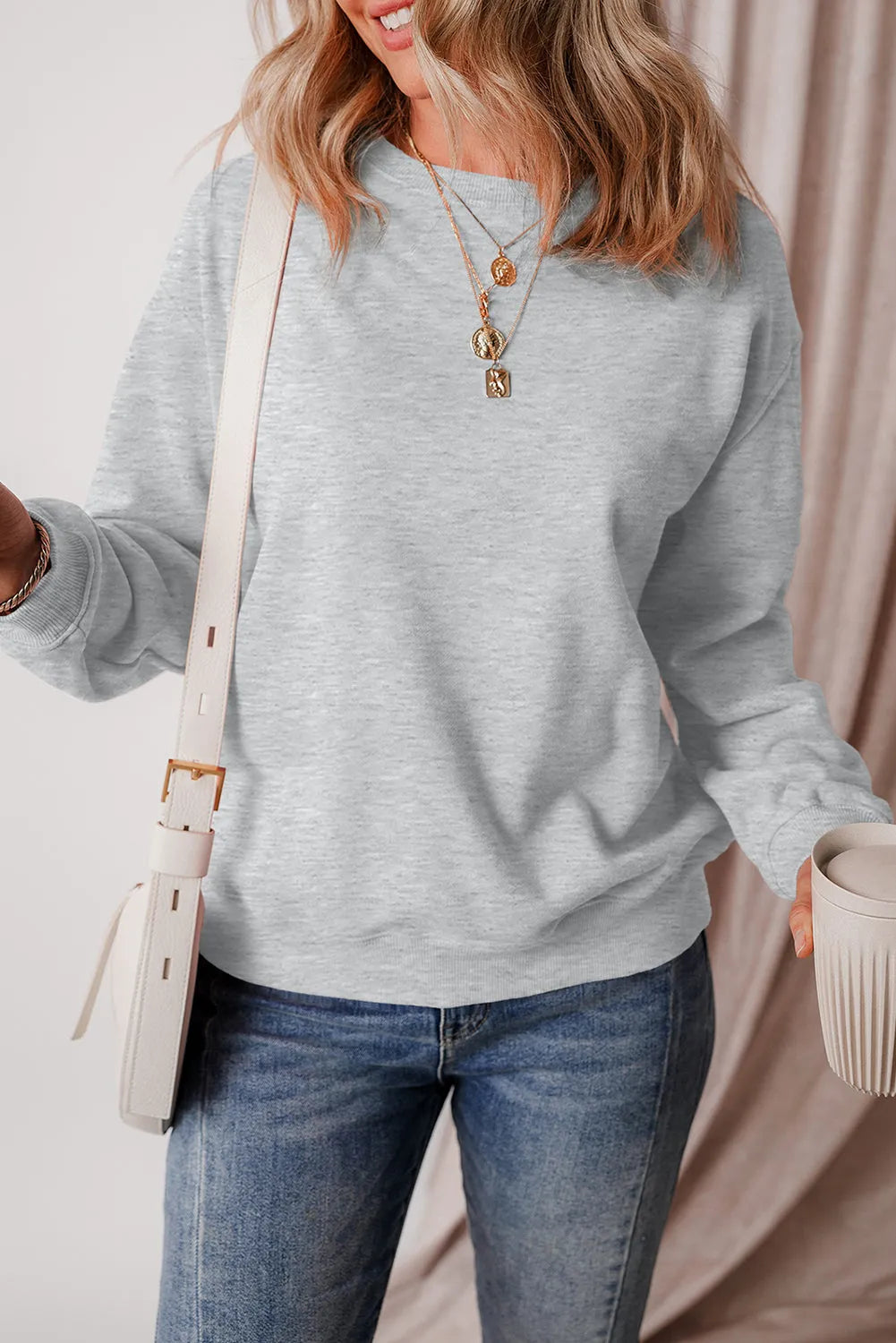 Gray Solid Fleece Lined Drop Shoulder Terry Sweatshirt - Chic Meadow Boutique 