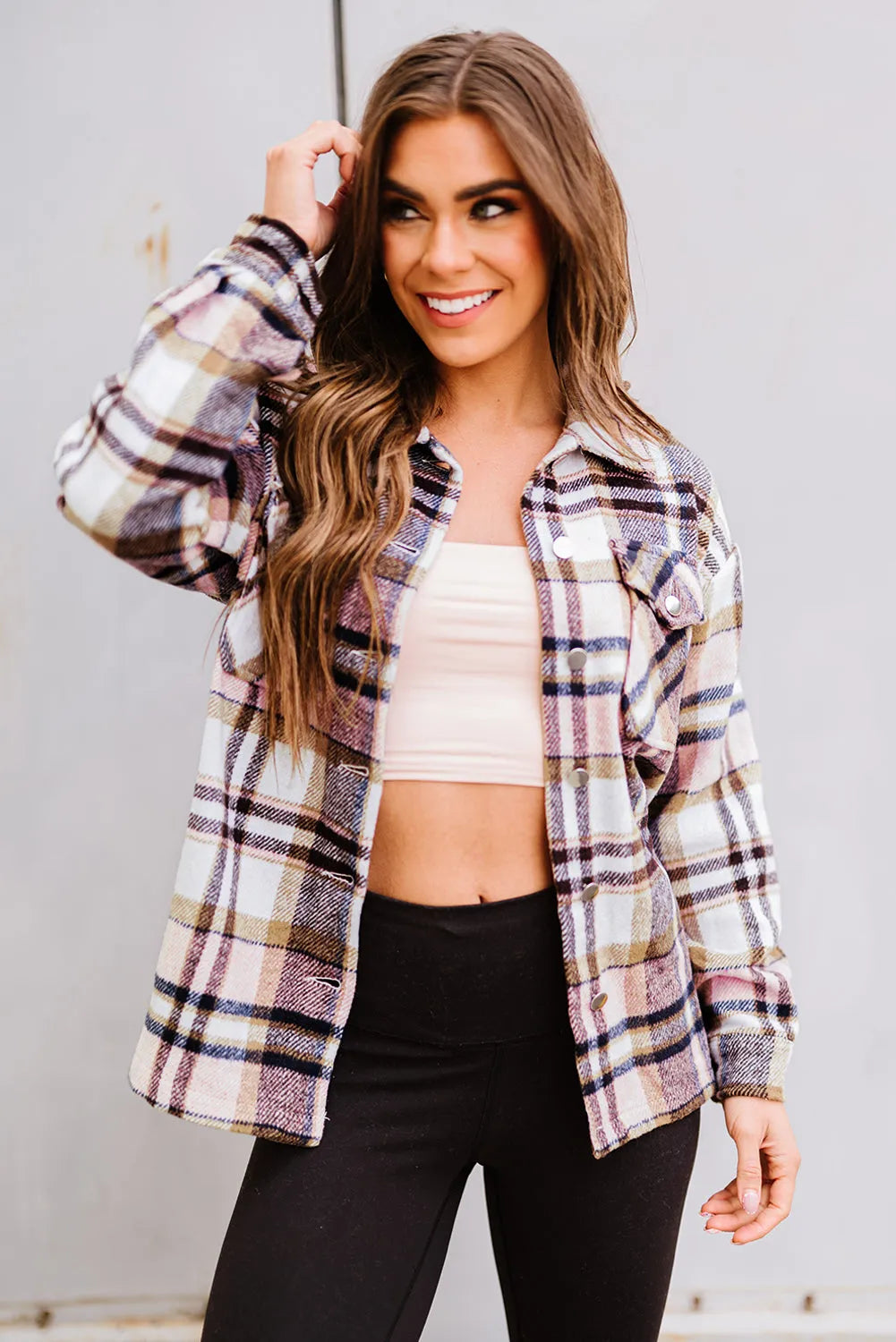 Pink Geometric Plaid Print Pocketed Shacket - Chic Meadow Boutique 