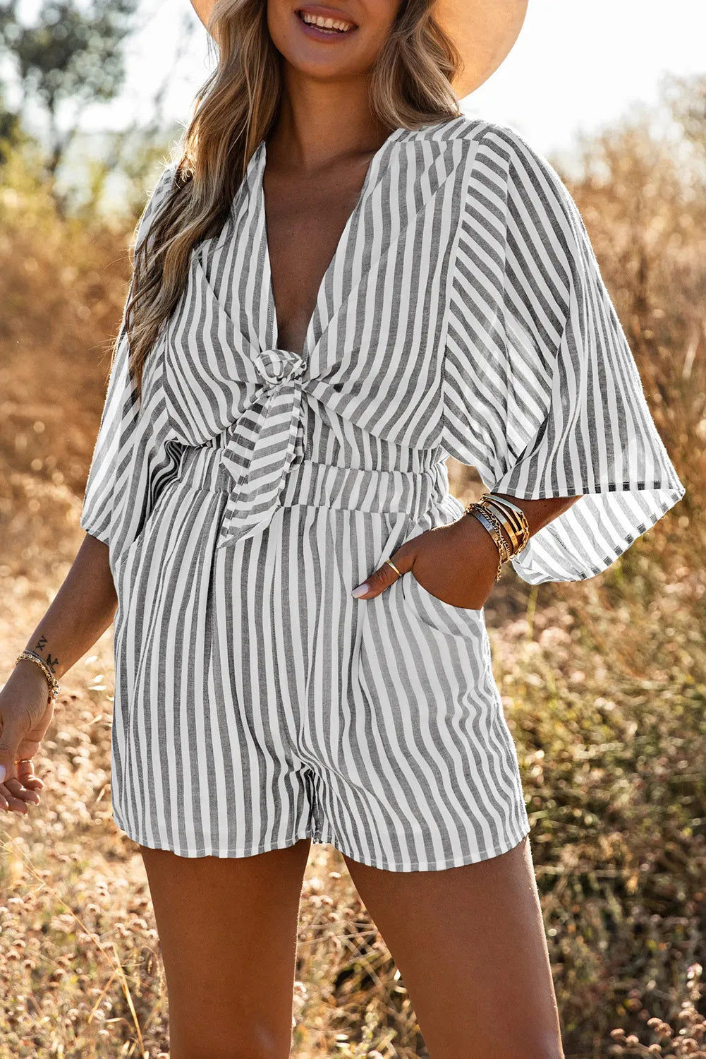 Gray 3/4 Wide Kimono Sleeves Tie Front Striped Romper with Pockets - Chic Meadow Boutique 